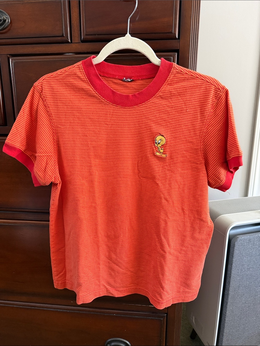 Women’s Orange Striped Ringer Tee with Tweety Embroidery